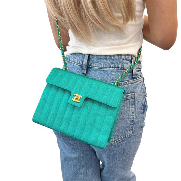 CHANEL Vintage CC Mark Logo Crossbody Shoulder Flap Bag Chain Green [105913] - Picture 1 of 15